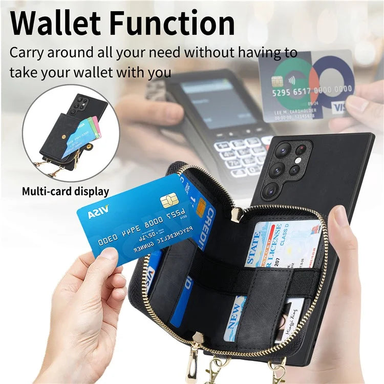D3 Phone Case Wallet for Samsung Galaxy S22 Ultra 5G Zipper Pocket PU Leather+PC+TPU Phone Cover