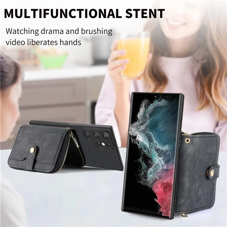 D3 Phone Case Wallet for Samsung Galaxy S22 Ultra 5G Zipper Pocket PU Leather+PC+TPU Phone Cover