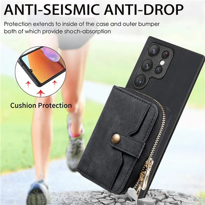 D3 Phone Case Wallet for Samsung Galaxy S22 Ultra 5G Zipper Pocket PU Leather+PC+TPU Phone Cover