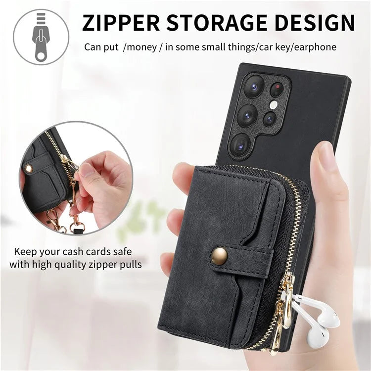 D3 Phone Case Wallet for Samsung Galaxy S22 Ultra 5G Zipper Pocket PU Leather+PC+TPU Phone Cover