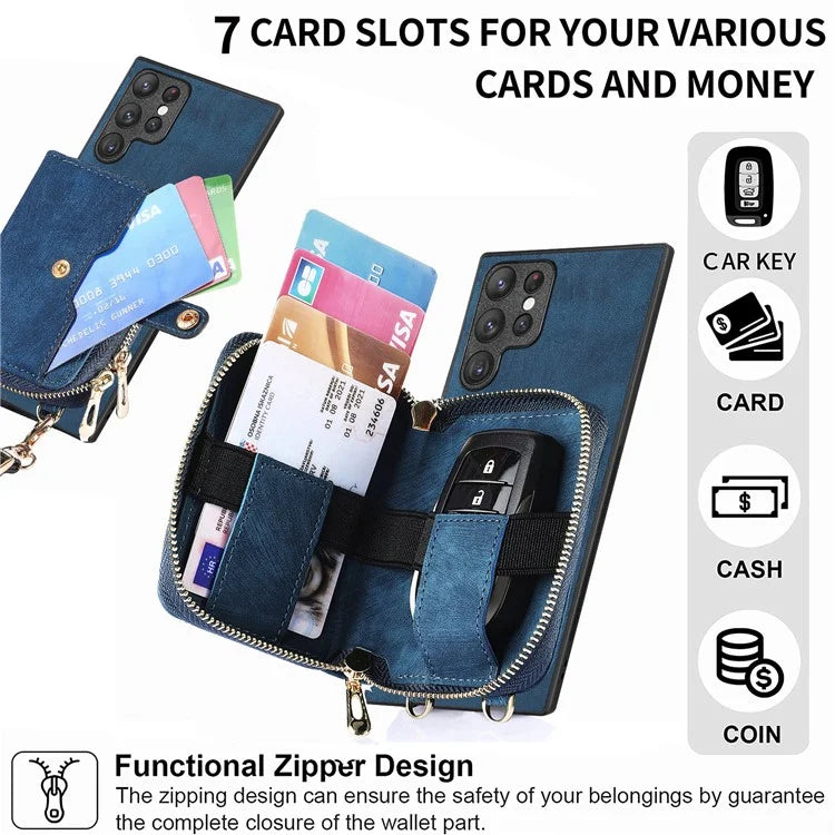 D3 Phone Case Wallet for Samsung Galaxy S22 Ultra 5G Zipper Pocket PU Leather+PC+TPU Phone Cover