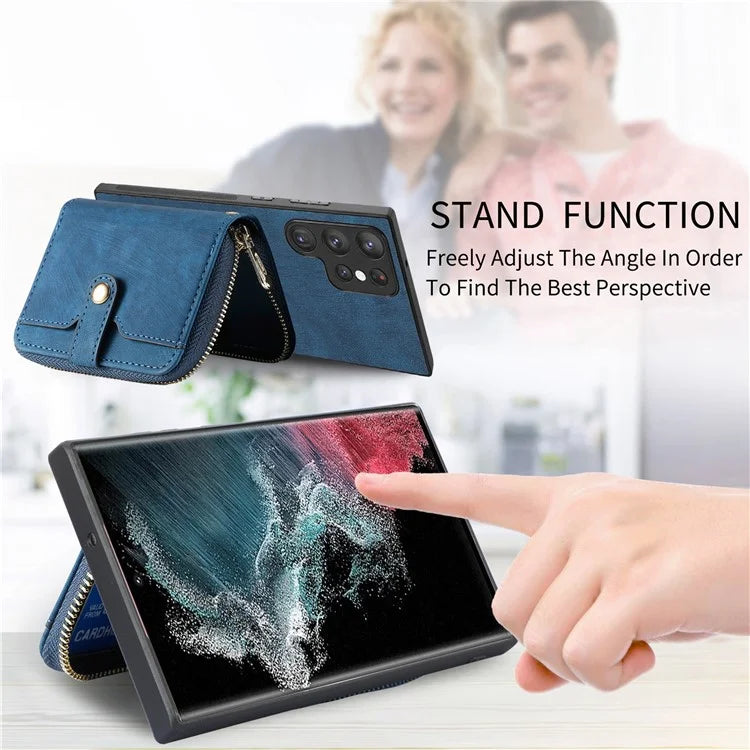 D3 Phone Case Wallet for Samsung Galaxy S22 Ultra 5G Zipper Pocket PU Leather+PC+TPU Phone Cover