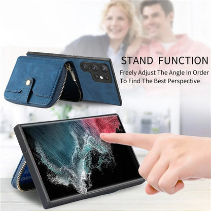 D3 Phone Case Wallet for Samsung Galaxy S22 Ultra 5G Zipper Pocket PU Leather+PC+TPU Phone Cover