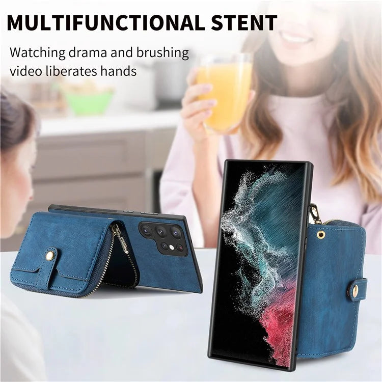D3 Phone Case Wallet for Samsung Galaxy S22 Ultra 5G Zipper Pocket PU Leather+PC+TPU Phone Cover