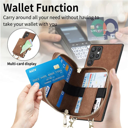 D3 Phone Case Wallet for Samsung Galaxy S22 Ultra 5G Zipper Pocket PU Leather+PC+TPU Phone Cover