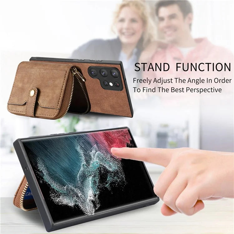 D3 Phone Case Wallet for Samsung Galaxy S22 Ultra 5G Zipper Pocket PU Leather+PC+TPU Phone Cover