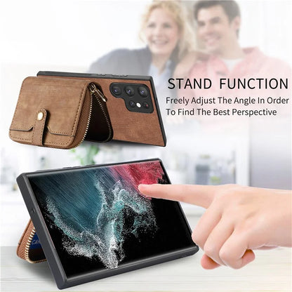 D3 Phone Case Wallet for Samsung Galaxy S22 Ultra 5G Zipper Pocket PU Leather+PC+TPU Phone Cover