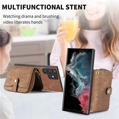 D3 Phone Case Wallet for Samsung Galaxy S22 Ultra 5G Zipper Pocket PU Leather+PC+TPU Phone Cover