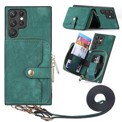 D3 Phone Case Wallet for Samsung Galaxy S22 Ultra 5G Zipper Pocket PU Leather+PC+TPU Phone Cover