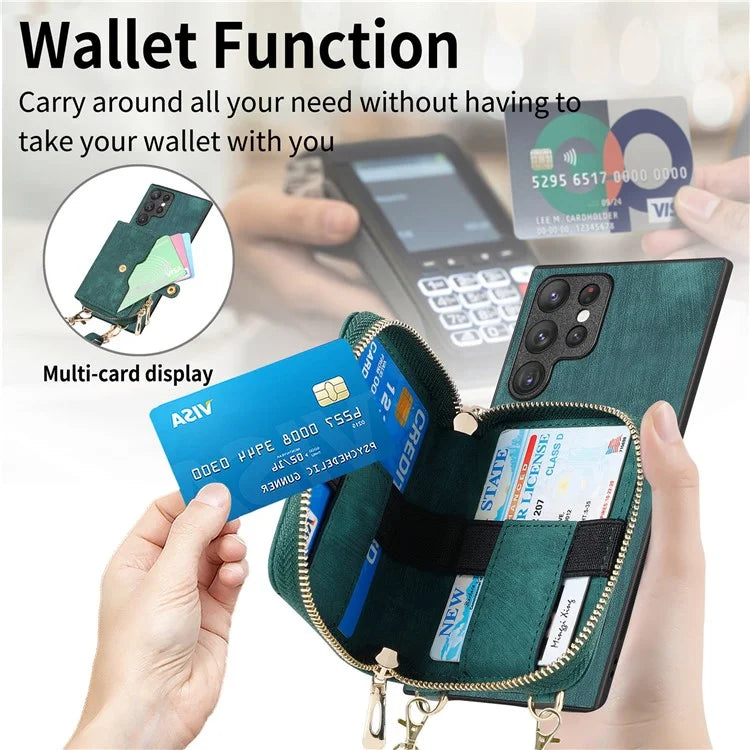 D3 Phone Case Wallet for Samsung Galaxy S22 Ultra 5G Zipper Pocket PU Leather+PC+TPU Phone Cover