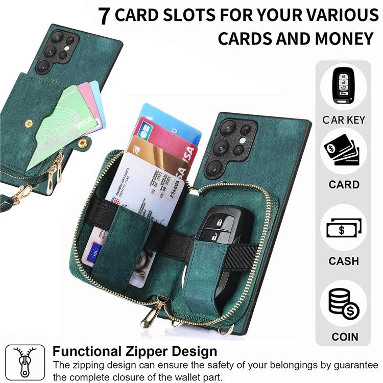 D3 Phone Case Wallet for Samsung Galaxy S22 Ultra 5G Zipper Pocket PU Leather+PC+TPU Phone Cover