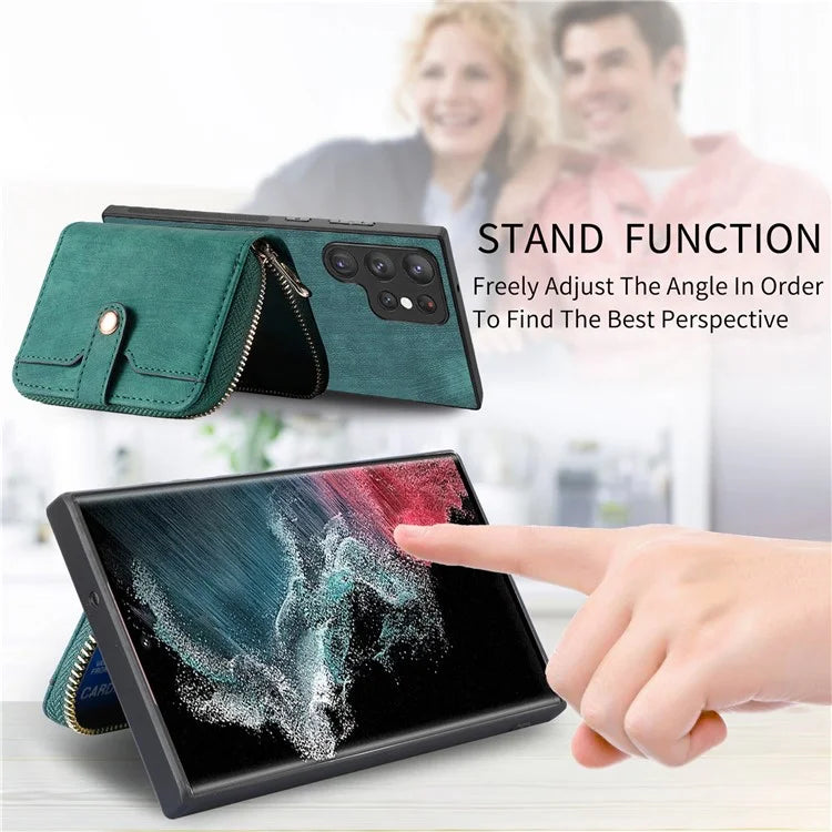 D3 Phone Case Wallet for Samsung Galaxy S22 Ultra 5G Zipper Pocket PU Leather+PC+TPU Phone Cover