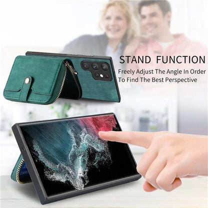 D3 Phone Case Wallet for Samsung Galaxy S22 Ultra 5G Zipper Pocket PU Leather+PC+TPU Phone Cover