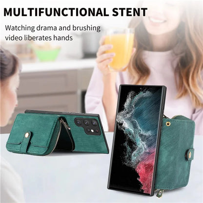 D3 Phone Case Wallet for Samsung Galaxy S22 Ultra 5G Zipper Pocket PU Leather+PC+TPU Phone Cover