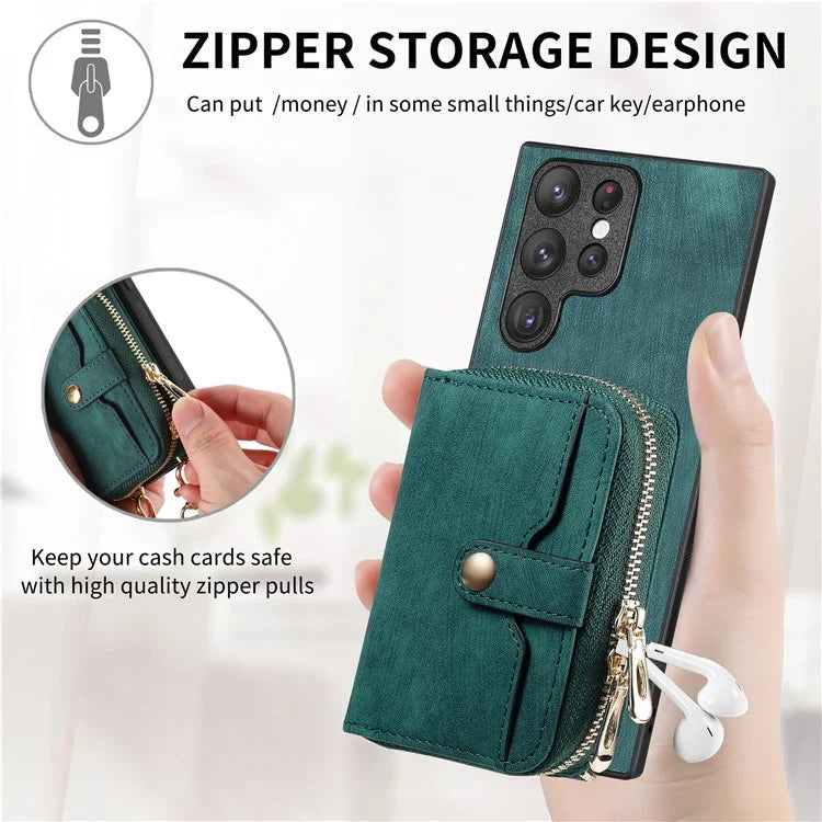 D3 Phone Case Wallet for Samsung Galaxy S22 Ultra 5G Zipper Pocket PU Leather+PC+TPU Phone Cover
