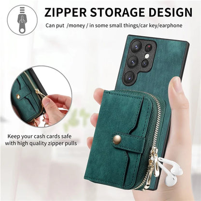 D3 Phone Case Wallet for Samsung Galaxy S22 Ultra 5G Zipper Pocket PU Leather+PC+TPU Phone Cover