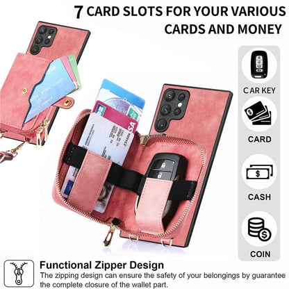 D3 Phone Case Wallet for Samsung Galaxy S22 Ultra 5G Zipper Pocket PU Leather+PC+TPU Phone Cover