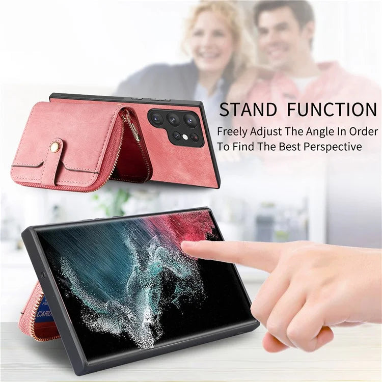 D3 Phone Case Wallet for Samsung Galaxy S22 Ultra 5G Zipper Pocket PU Leather+PC+TPU Phone Cover