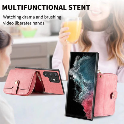 D3 Phone Case Wallet for Samsung Galaxy S22 Ultra 5G Zipper Pocket PU Leather+PC+TPU Phone Cover