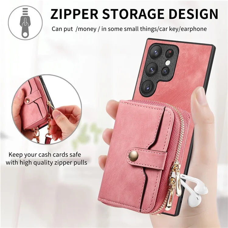 D3 Phone Case Wallet for Samsung Galaxy S22 Ultra 5G Zipper Pocket PU Leather+PC+TPU Phone Cover