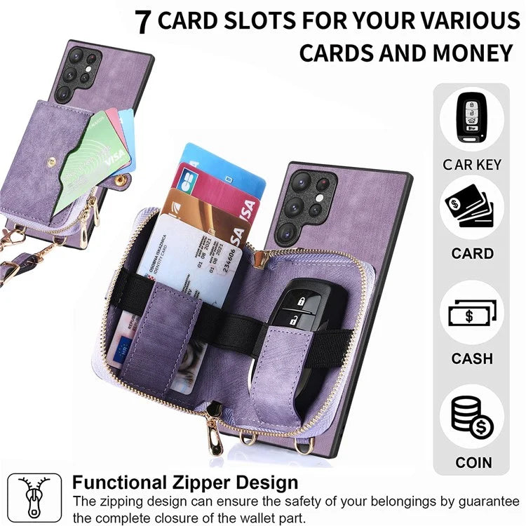 D3 Phone Case Wallet for Samsung Galaxy S22 Ultra 5G Zipper Pocket PU Leather+PC+TPU Phone Cover