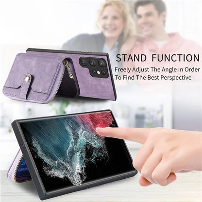 D3 Phone Case Wallet for Samsung Galaxy S22 Ultra 5G Zipper Pocket PU Leather+PC+TPU Phone Cover