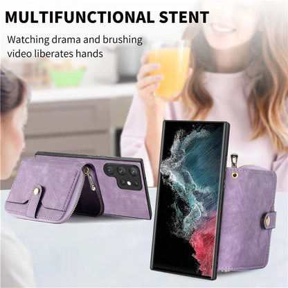 D3 Phone Case Wallet for Samsung Galaxy S22 Ultra 5G Zipper Pocket PU Leather+PC+TPU Phone Cover