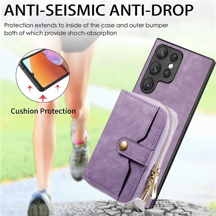D3 Phone Case Wallet for Samsung Galaxy S22 Ultra 5G Zipper Pocket PU Leather+PC+TPU Phone Cover