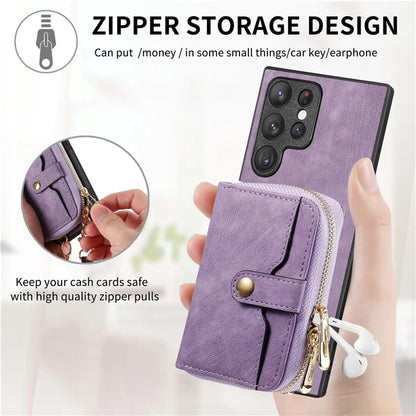 D3 Phone Case Wallet for Samsung Galaxy S22 Ultra 5G Zipper Pocket PU Leather+PC+TPU Phone Cover