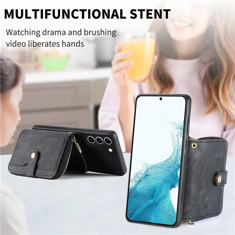 D3 for Samsung Galaxy S22+ 5G Zipper Pocket Crossbody Case Leather+TPU+PC Phone Cover