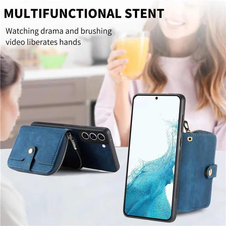 D3 for Samsung Galaxy S22+ 5G Zipper Pocket Crossbody Case Leather+TPU+PC Phone Cover