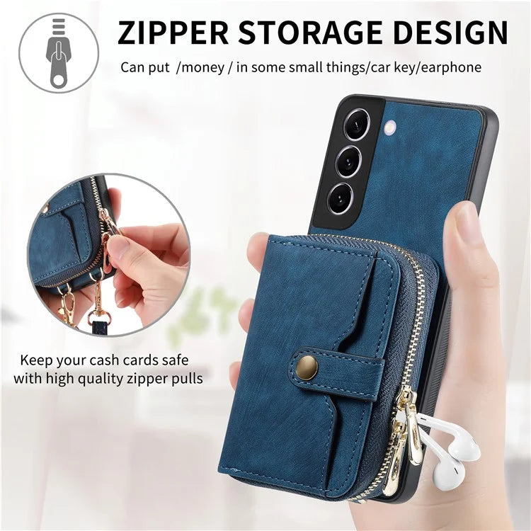 D3 for Samsung Galaxy S22+ 5G Zipper Pocket Crossbody Case Leather+TPU+PC Phone Cover