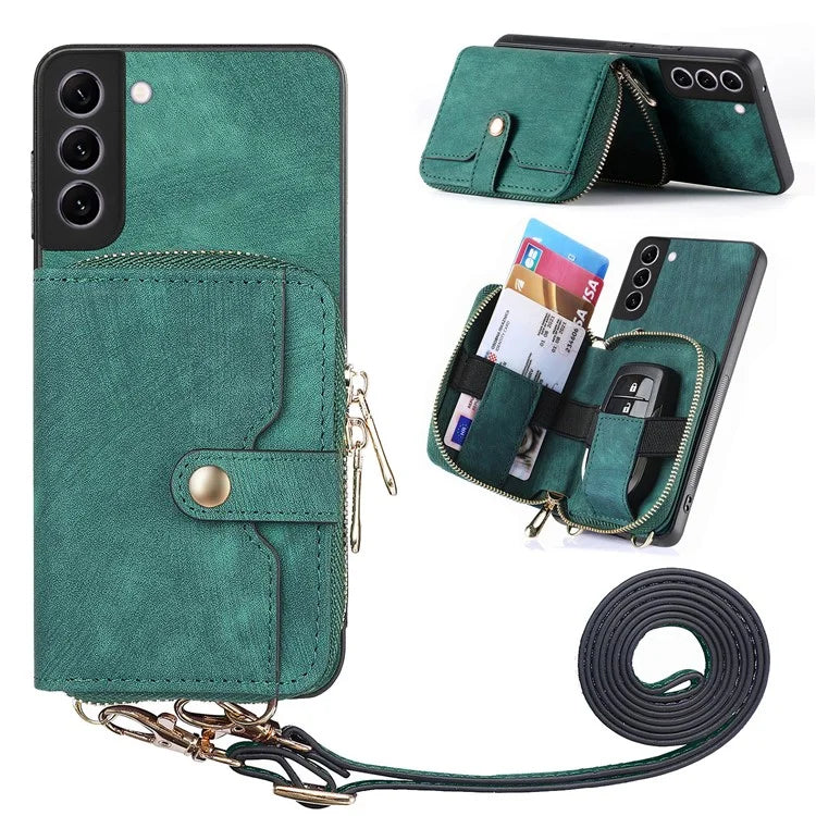 D3 for Samsung Galaxy S22+ 5G Zipper Pocket Crossbody Case Leather+TPU+PC Phone Cover