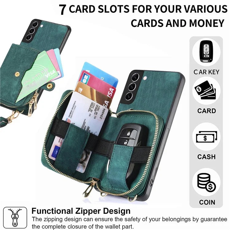 D3 for Samsung Galaxy S22+ 5G Zipper Pocket Crossbody Case Leather+TPU+PC Phone Cover