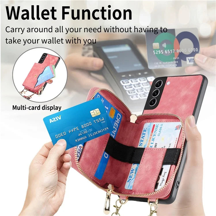 D3 for Samsung Galaxy S22+ 5G Zipper Pocket Crossbody Case Leather+TPU+PC Phone Cover