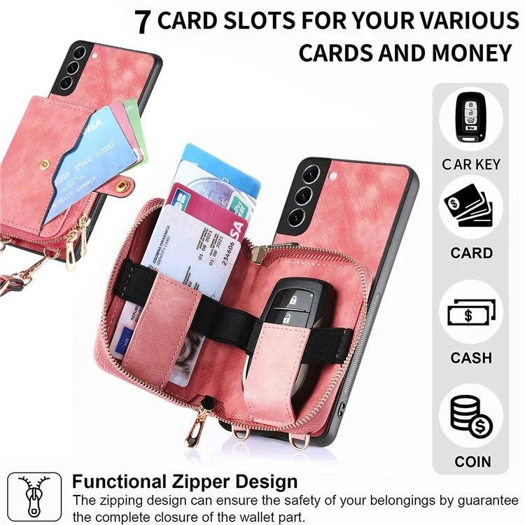 D3 for Samsung Galaxy S22+ 5G Zipper Pocket Crossbody Case Leather+TPU+PC Phone Cover