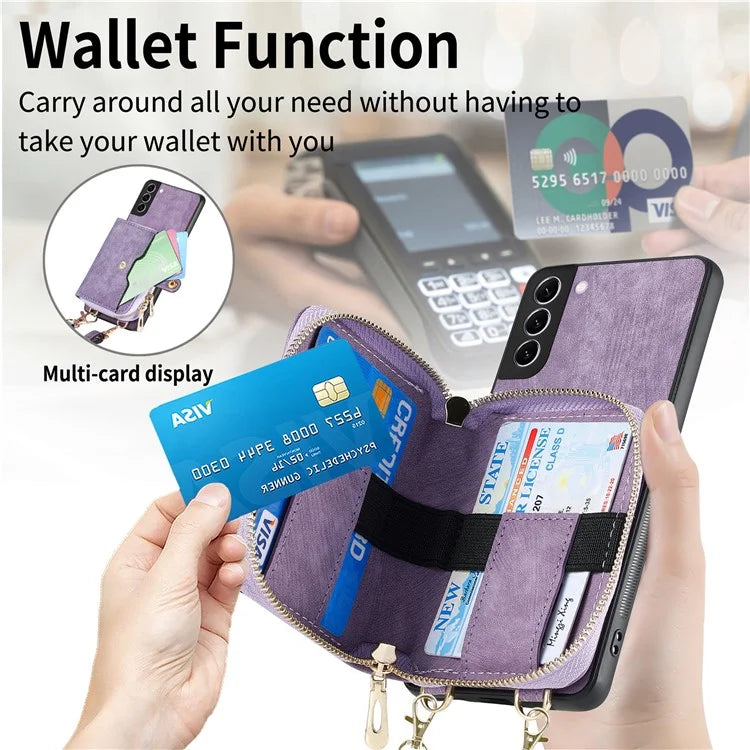 D3 for Samsung Galaxy S22+ 5G Zipper Pocket Crossbody Case Leather+TPU+PC Phone Cover