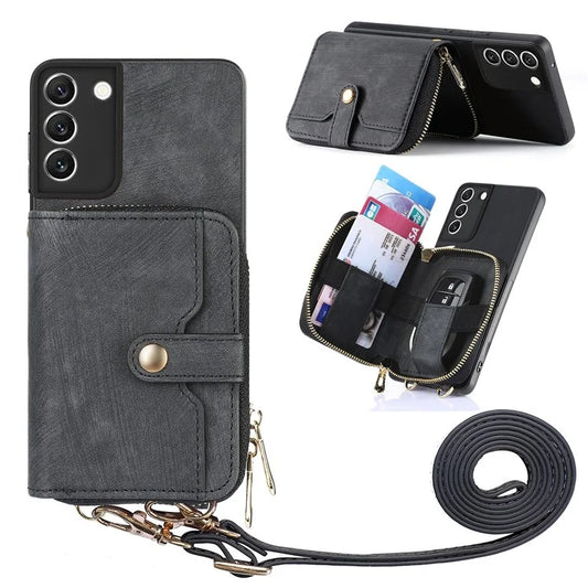 D3 For Samsung Galaxy S22 5G Case Zipper Wallet Retro Leather+TPU+PC Crossbody Phone Cover