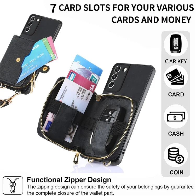 D3 For Samsung Galaxy S22 5G Case Zipper Wallet Retro Leather+TPU+PC Crossbody Phone Cover
