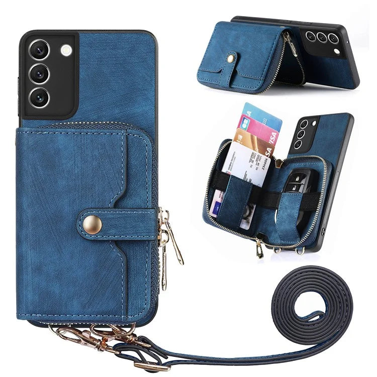 D3 For Samsung Galaxy S22 5G Case Zipper Wallet Retro Leather+TPU+PC Crossbody Phone Cover