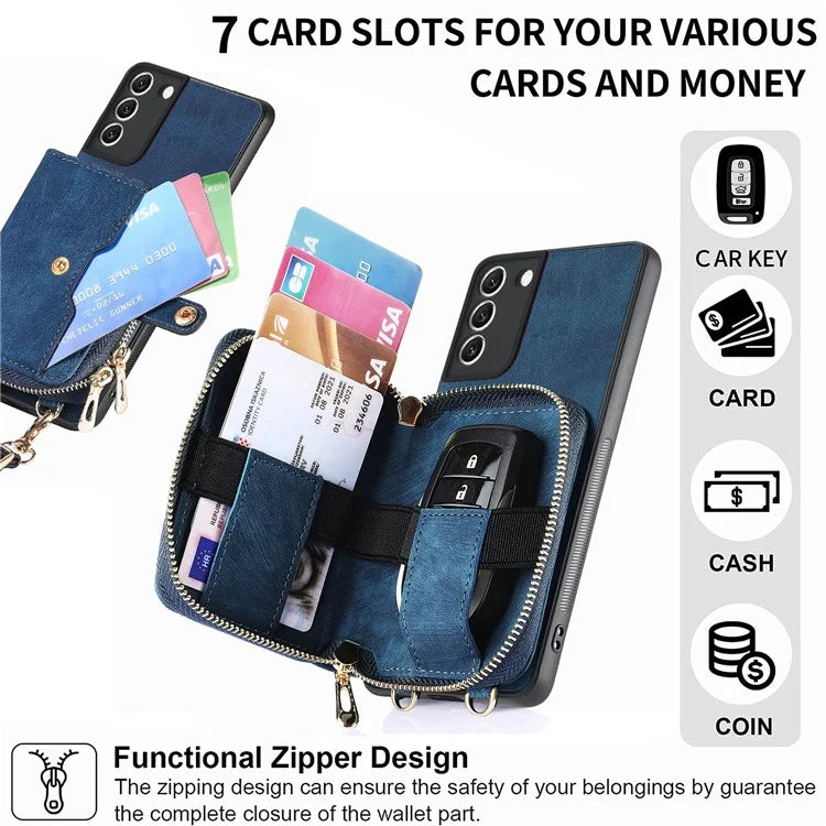 D3 For Samsung Galaxy S22 5G Case Zipper Wallet Retro Leather+TPU+PC Crossbody Phone Cover