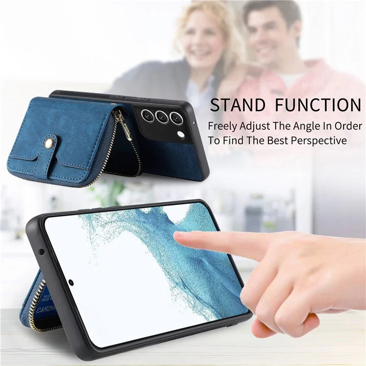 D3 For Samsung Galaxy S22 5G Case Zipper Wallet Retro Leather+TPU+PC Crossbody Phone Cover