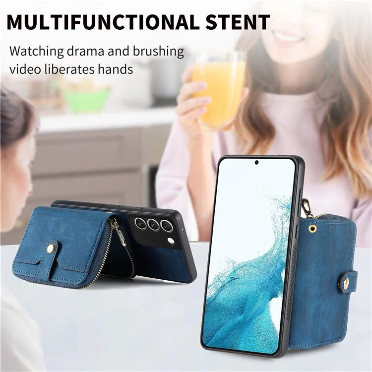 D3 For Samsung Galaxy S22 5G Case Zipper Wallet Retro Leather+TPU+PC Crossbody Phone Cover