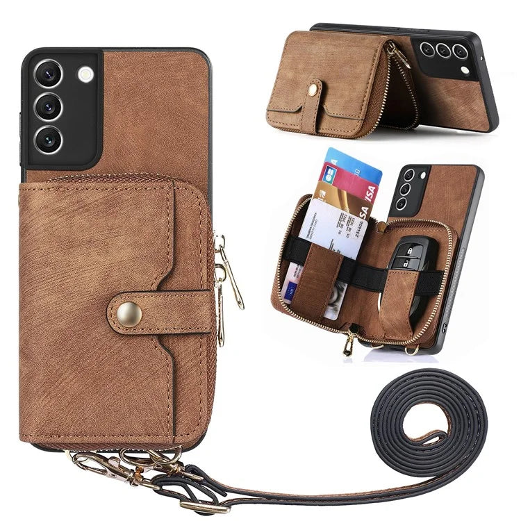 D3 For Samsung Galaxy S22 5G Case Zipper Wallet Retro Leather+TPU+PC Crossbody Phone Cover
