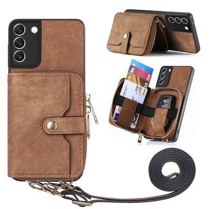 D3 For Samsung Galaxy S22 5G Case Zipper Wallet Retro Leather+TPU+PC Crossbody Phone Cover