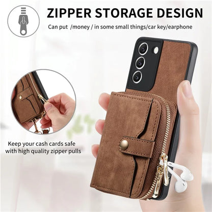 D3 For Samsung Galaxy S22 5G Case Zipper Wallet Retro Leather+TPU+PC Crossbody Phone Cover