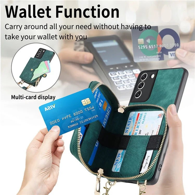 D3 For Samsung Galaxy S22 5G Case Zipper Wallet Retro Leather+TPU+PC Crossbody Phone Cover