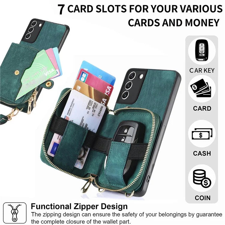 D3 For Samsung Galaxy S22 5G Case Zipper Wallet Retro Leather+TPU+PC Crossbody Phone Cover