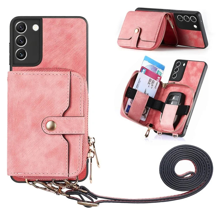 D3 For Samsung Galaxy S22 5G Case Zipper Wallet Retro Leather+TPU+PC Crossbody Phone Cover