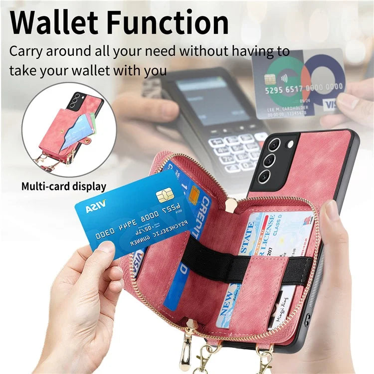 D3 For Samsung Galaxy S22 5G Case Zipper Wallet Retro Leather+TPU+PC Crossbody Phone Cover
